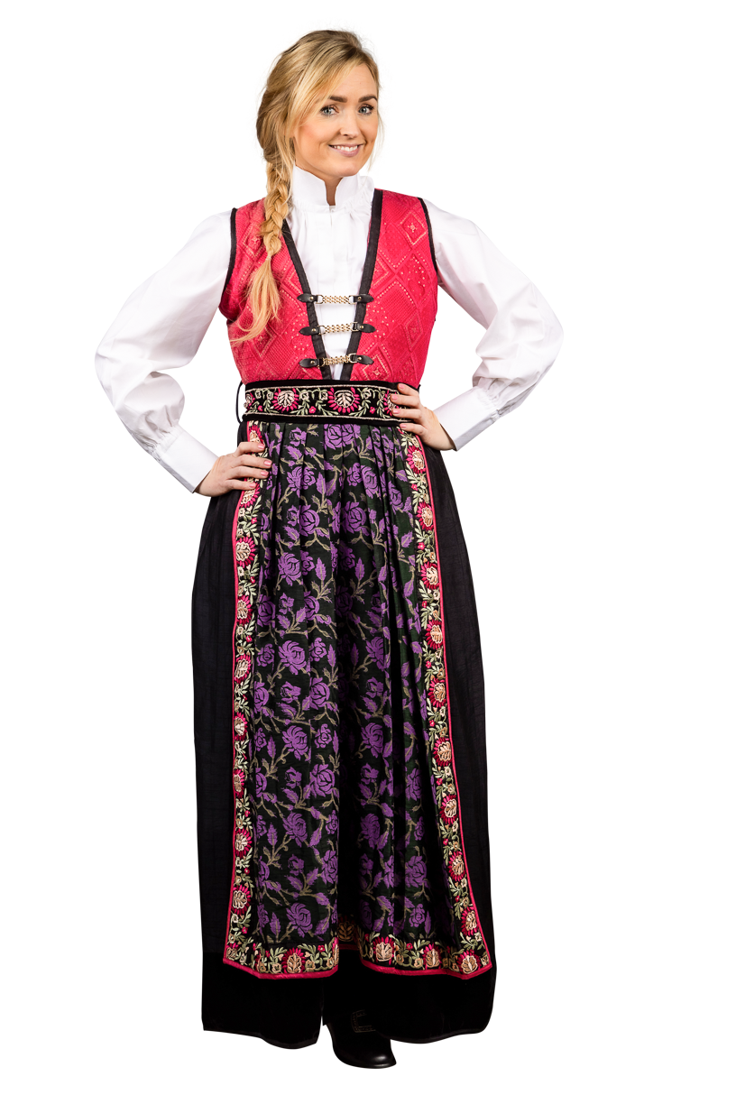 Fargerik festdrakt Rosestakk med nydelig kantbroderi på forkle.