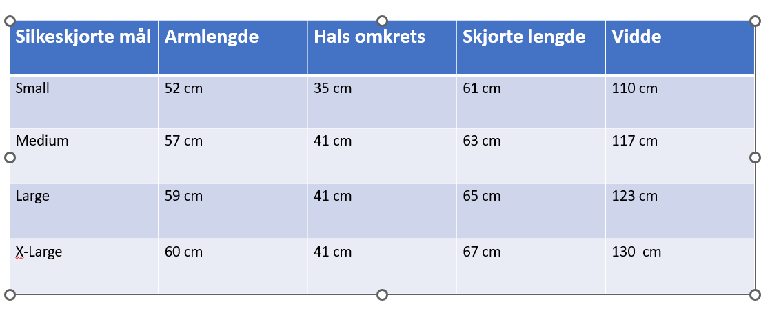 Mål for silkeskjorte